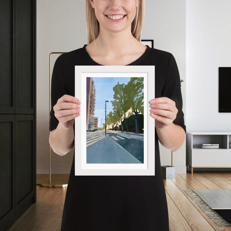 Seaside Town in the Morning | Framed Print of Original Artwork | 21 × 30 cm / 9 × 12 inch | White frame