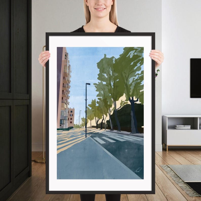 Seaside Town in the Morning | Framed Print of Original Artwork | 61 × 91 cm / 24 × 36 inch | Black frame