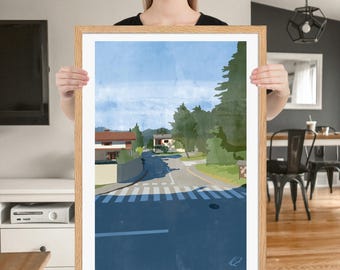 Framed Suburban Street Scene Print: Original Artwork, Countryside Home Decor