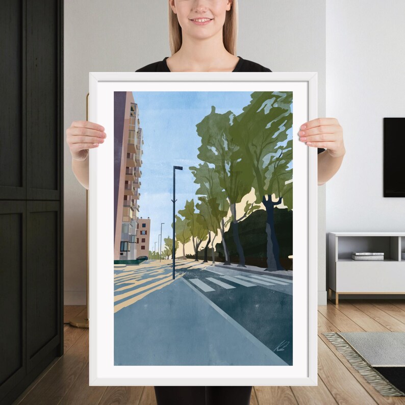 Seaside Town in the Morning | Framed Print of Original Artwork | 50 × 70 cm / 20 × 28 inch | White frame