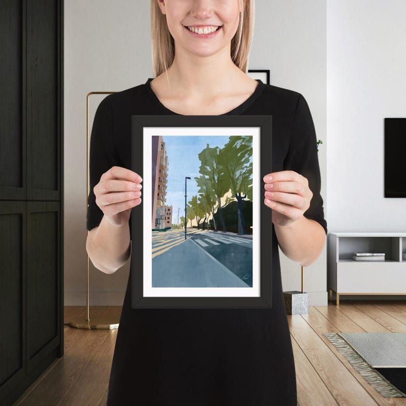 Seaside Town in the Morning | Framed Print of Original Artwork | 21 × 30 cm / 9 × 12 inch | Black frame