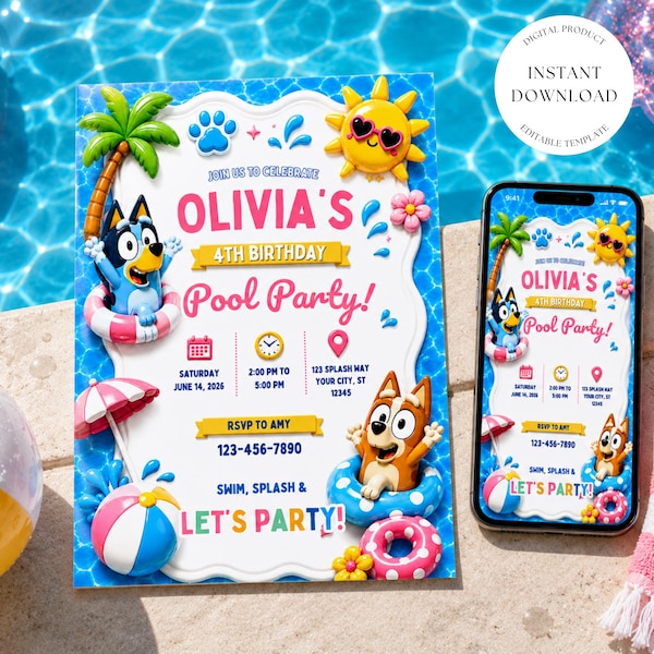 Bluey Birthday Invitation Template | Pool Party Invite | Digital Download
