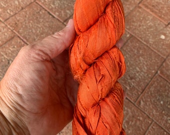 100 grams 1 skein, approx 40 metres, orange recycled silk , knitting crochet weaving craft embellishment ribbons