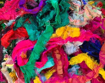 100 grams, mixed, multicoloured, recycled silk, unstitched ribbons, frayed edges