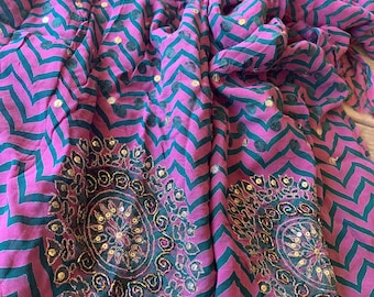 1. Recycled silk, remnant sari piece, beaded silk fabric, green, purple, metallic thread embroidery.