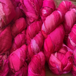 100 grams 1 skein mixed pinks, bright magenta mix, recycled silk ribbon