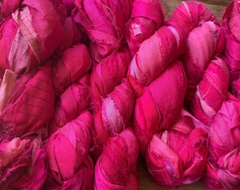 100 grams 1 skein mixed pinks, bright magenta mix, recycled silk ribbon