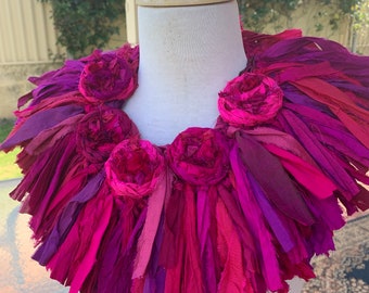 Deep pinks recycled silk, textile necklace, art to wear