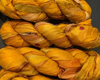 100 grams 1 skein recycled silk ribbon, golden yellow yellow mix, knitting crochet craft embellishment yarn