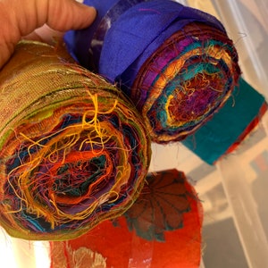 Random mix, multicoloured, patterned, Recycled silk, mixed silk fabric roll image 3