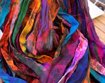 1. 100 grams 1 skein, approx 40 metres, tie dyed recycled silk chiffon , dark multicolour mix