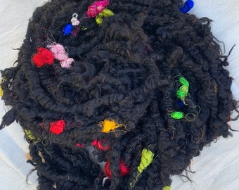 Black Australian alpaca, natural colour, Handspun chunky art yarn, with silk threads 160 g, approx 26 m