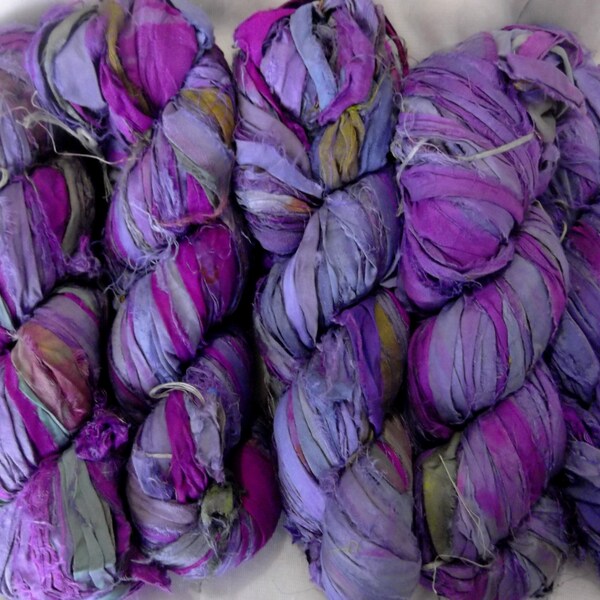 SALE 1 skein 100 grams Recycled Sari Silk Ribbon Yarn shades of  dusty blue purples