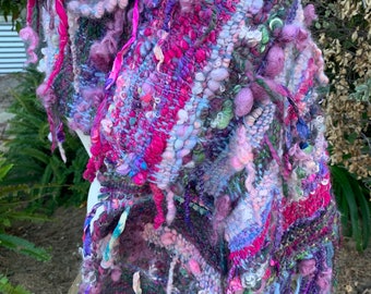 Handspun, chunky handwoven, Aussie wool wrap, purples pinks and more