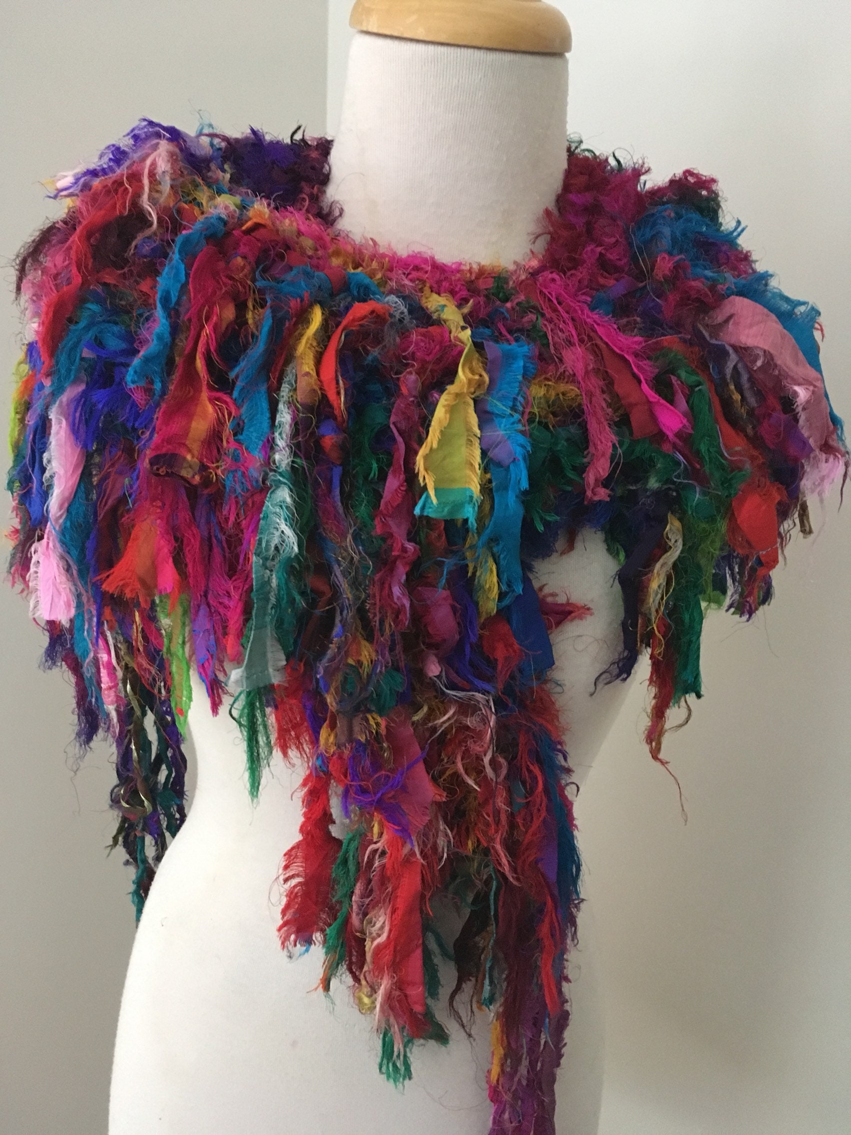 Multicolor rainbow silk scarf handknit recycled sari silk | Etsy