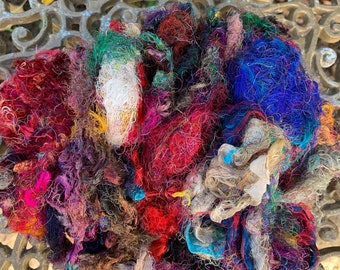 C  Bundle recycled sari silk waste fibres and distressed bits of ribbon remnant pieces 100 grams