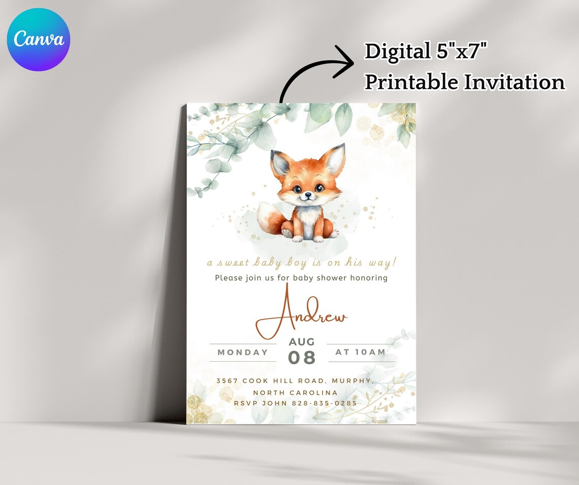 Editable Fox Baby Shower Invitation Canva Template, Fox Green Leaf ...