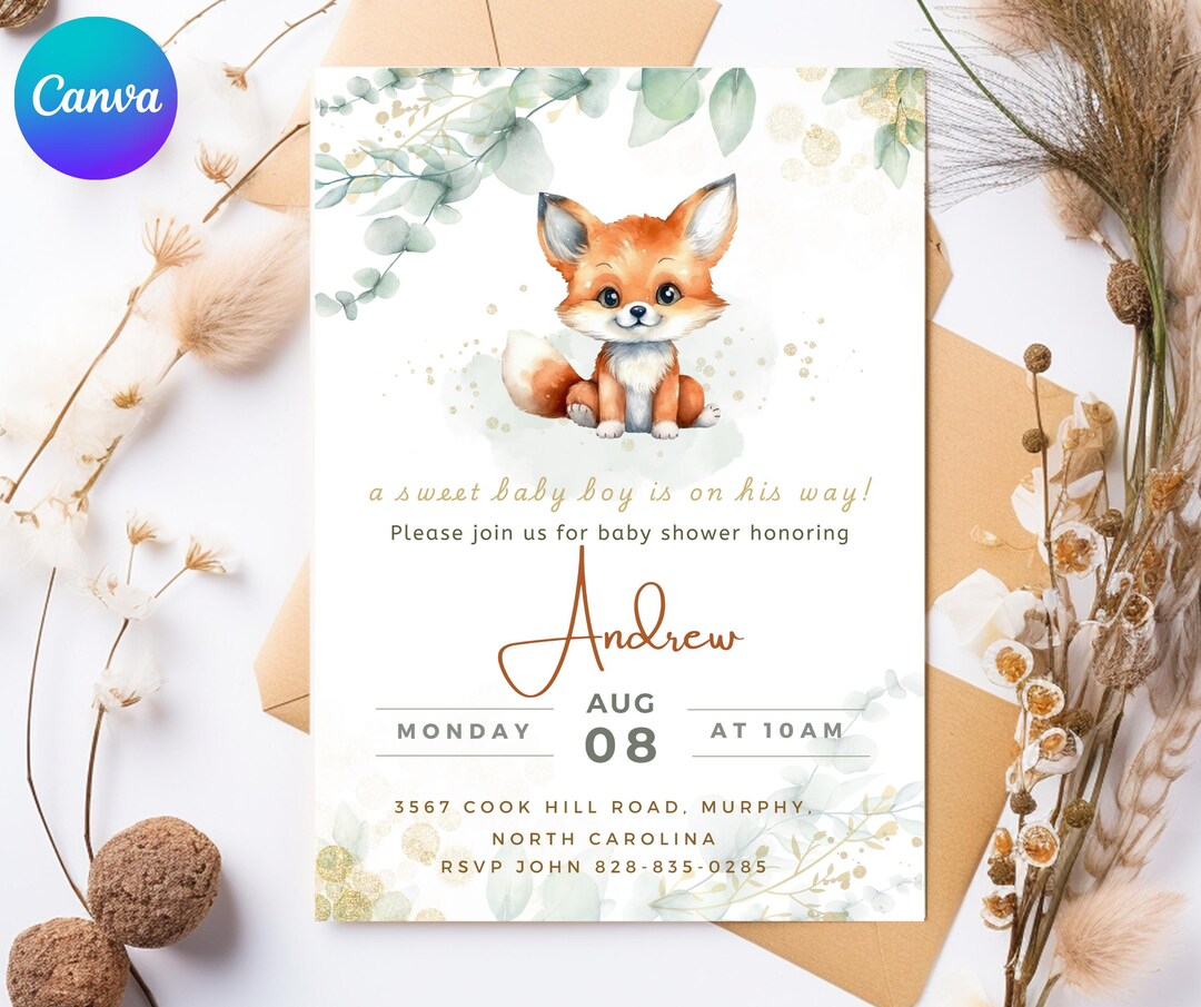 Editable Fox Baby Shower Invitation Canva Template, Fox Green Leaf ...