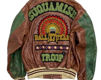 90s AVIREX スタジャン　レザー SUQUAMISH used加工 Vtg 1991 Avirex Suquamish Distressed Leather Varsity Bomber Jacket
