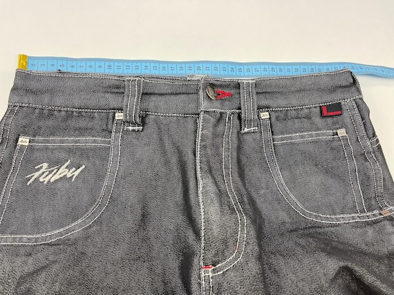 FUBU Jeans, Shiny Black Vintage Baggy Jeans, Silver Metallic, 90s
