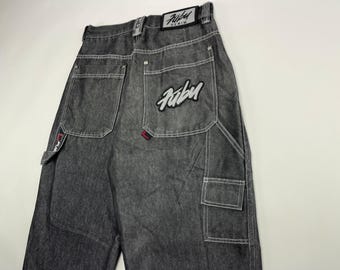 FUBU Jeans, Shiny Black Vintage Baggy Jeans, Silver Metallic, 90s