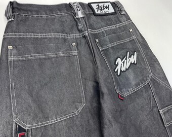FUBU Jeans, Shiny Black Vintage Baggy Jeans, Silver Metallic FUBU Jeans, Shiny Black Vintage Baggy Jeans, Silver Metallic