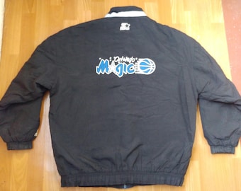 NBA STARTER Orlando Magic jacket, full zip black vintage basketball parka, 90s hip hop clothing, 1990s hip hop coat gangsta rap size L Large