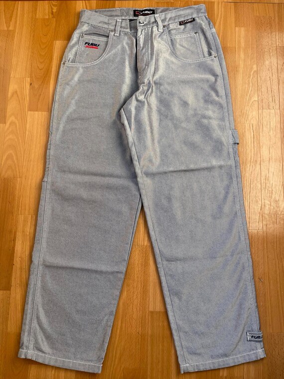 FUBU Jeans, Shiny Gray Vintage Baggy Jeans, Silver Metallic, 90s