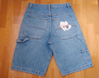 FUBU shorts, vintage baggy denim shorts, old school light blue, 90s hip-hop clothing, 1990s hip hop, OG, gangsta rap, streetwear, size W 36