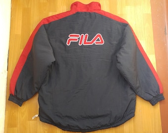 FILA-jas, blauw vintage nylon windjack met anorak 1/2 halve rits, jaren 90 hiphopkleding, jaren 90 hiphop, parka, old school streetwear, maat XL