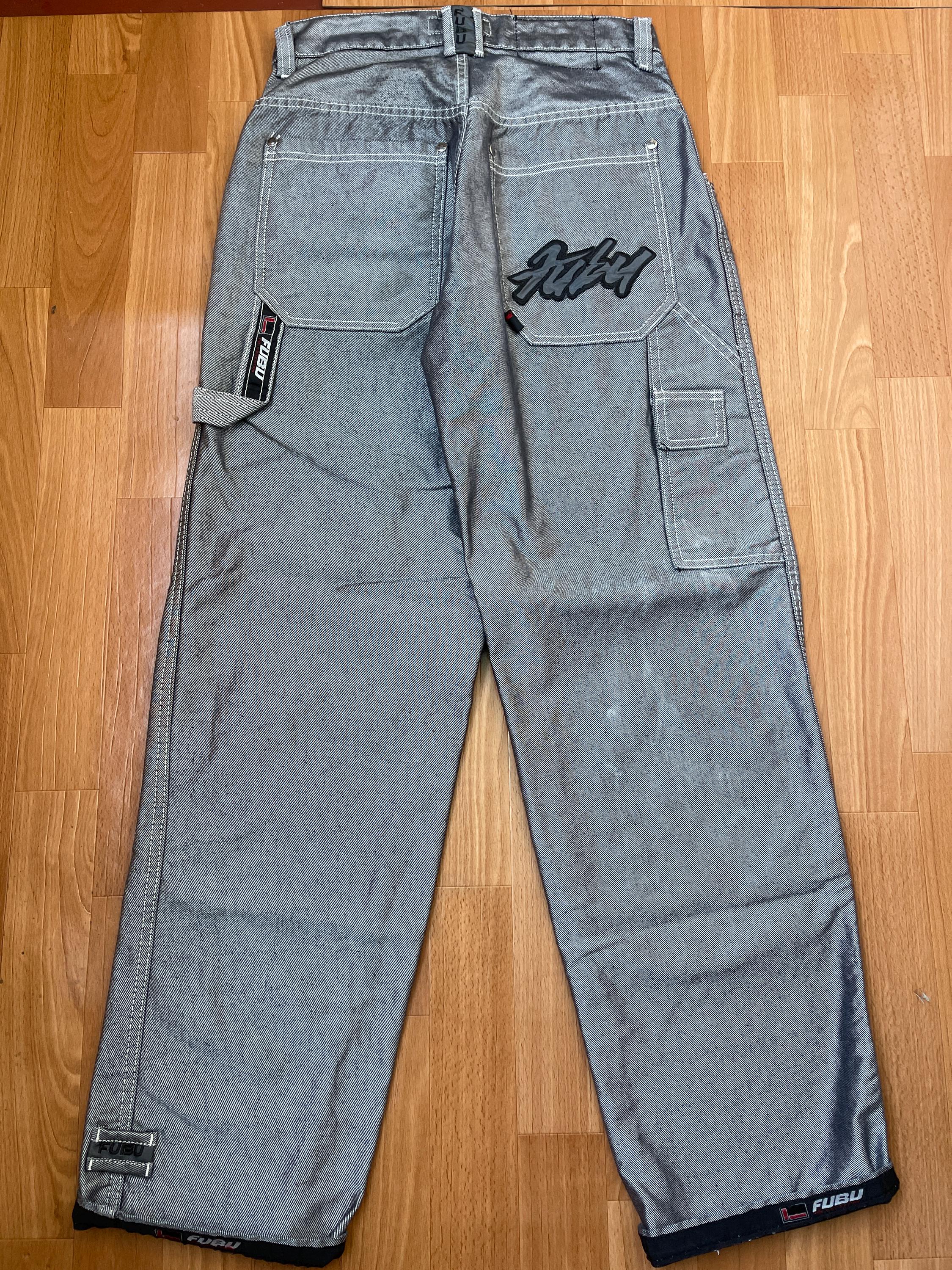 FUBU Jeans, Shiny Gray Vintage Baggy Jeans, Silver Metallic, 90s