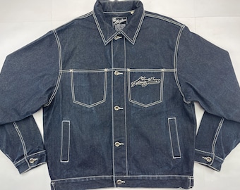 Kurtka Karl Kani, niebieska, vintage'owa kurtka jeansowa Kani, odzież hip-hopowa z lat 90., hip-hop z lat 90., gangsta rap, oldschoolowy streetwear męski, rozmiar L, rozmiar L