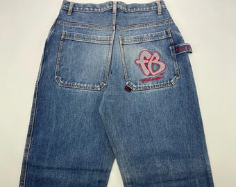 Vaqueros FUBU, vaqueros holgados vintage azules, corte holgado tipo carpintero, ropa de hip hop de los 90, pantalones de hip-hop de los 90, estilo clásico, rap, ropa urbana, talla W 30