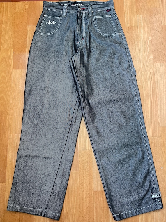 FUBU Jeans, Shiny Black Vintage Baggy Jeans, Silver Metallic, 90s