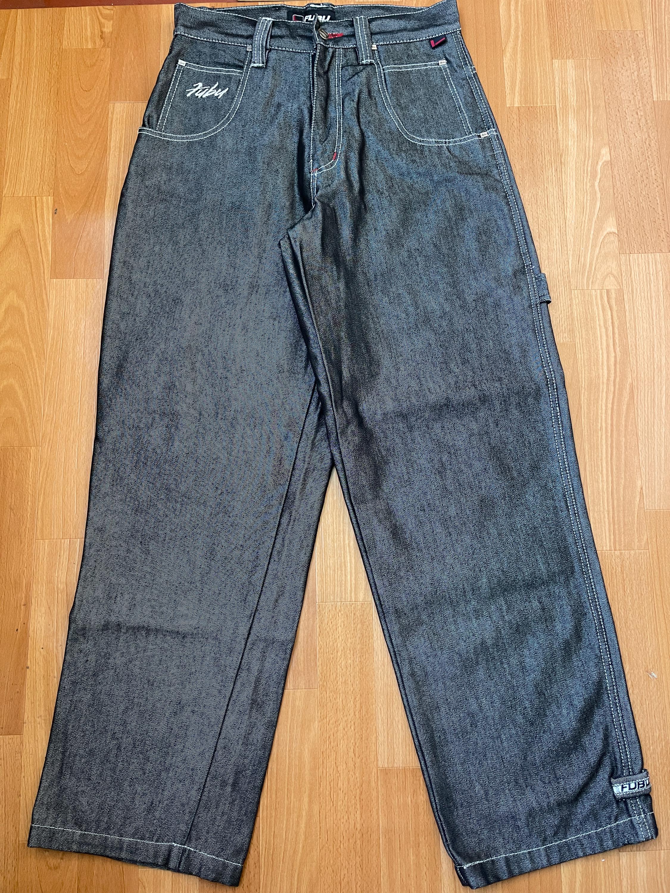 FUBU Jeans, Shiny Black Vintage Baggy Jeans, Silver Metallic, 90s