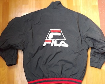 Chaqueta FILA, cortavientos vintage de nailon de hip hop de los 90, estilo hip hop de la vieja escuela de los 90, parka negra, estilo gangsta rap, talla XL