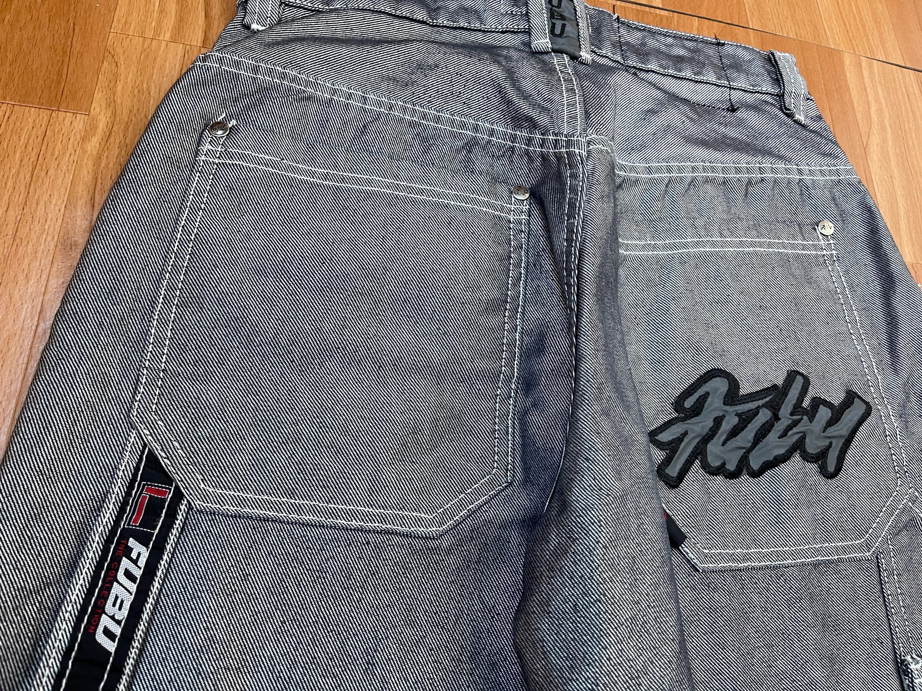 FUBU Jeans, Shiny Gray Vintage Baggy Jeans, Silver Metallic, 90s 