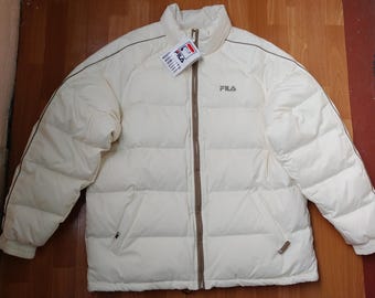 FILA jacket, deadstock vintage down puffer jacket, 90s hip hop clothing, 1990s white parka, puff bubble old school new old stock size XL NWT