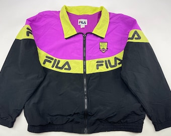 Veste FILA, bleu néon, haut de survêtement vintage, vêtements hip hop des années 90, hip-hop des années 1990, vieille école, streetwear, basket-ball, taille homme XL Fabriqué aux États-Unis
