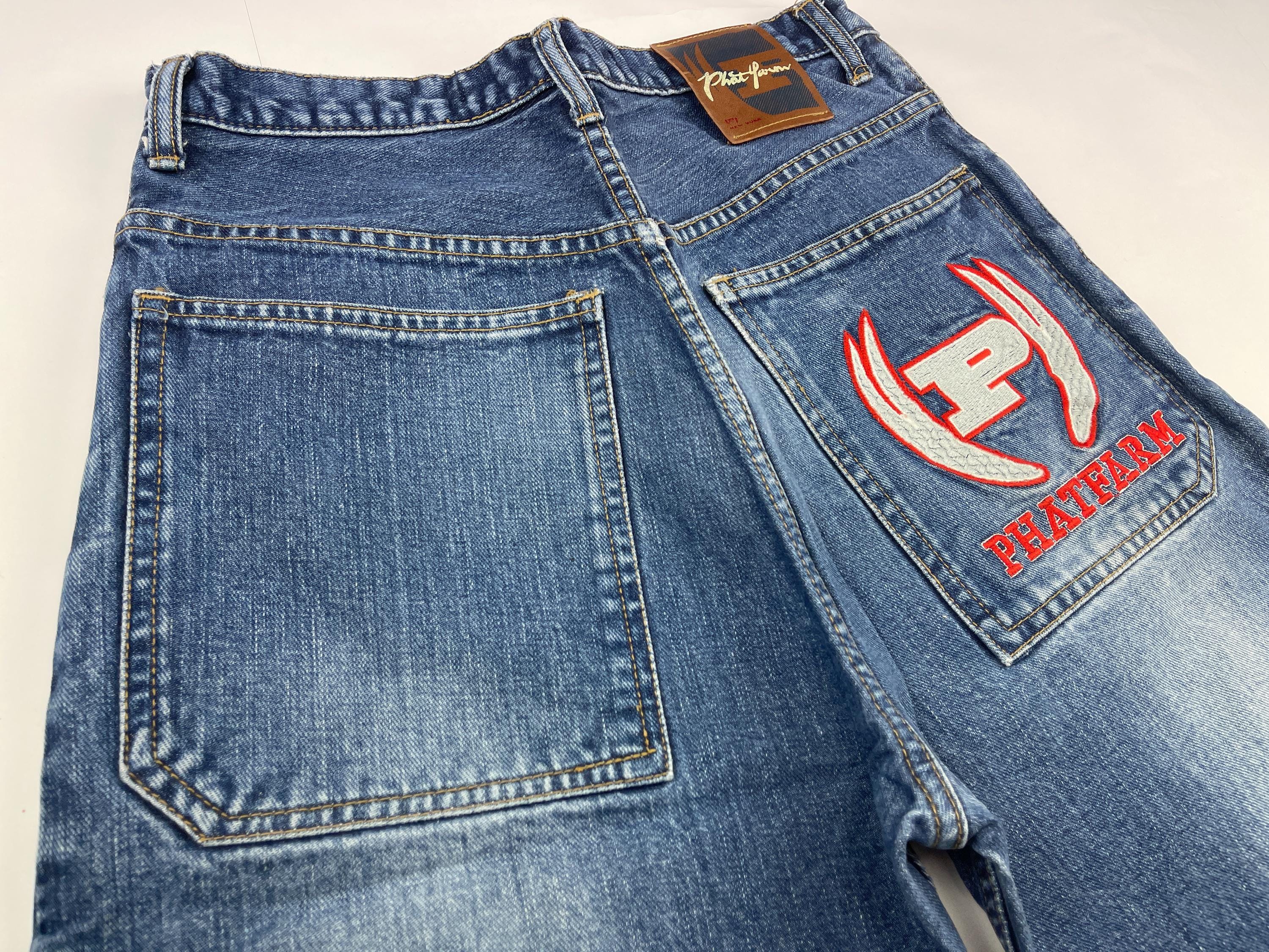 Phat Farm Jeans Shorts, Blue Vintage Baggy Jeans, 90s Hip-hop