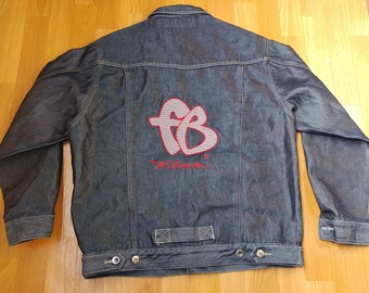 Kurtka FUBU, vintage'owa kurtka jeansowa hip-hopowa, błyszczące metaliczne niebieskie dżinsy, odzież hip-hopowa z lat 90., lata 90., OG, gangsta rap, odzież uliczna, rozmiar M, rozmiar M