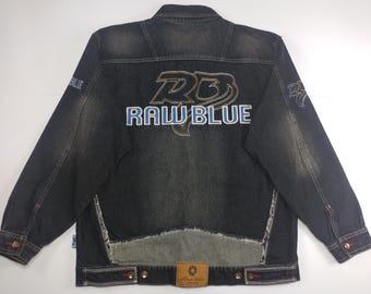 Kurtka Raw Blue, czarna, vintage'owa kurtka jeansowa, odzież hiphopowa z lat 90., hip-hop z lat 90., gangsta rap, OG, oldschool, odzież uliczna, rozmiar męski XL