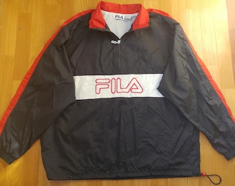 Chaqueta FILA, cortavientos vintage de nailon de hip hop de los 90, estilo hip hop de la vieja escuela de los 90, parka negra, estilo gangsta rap, talla XL