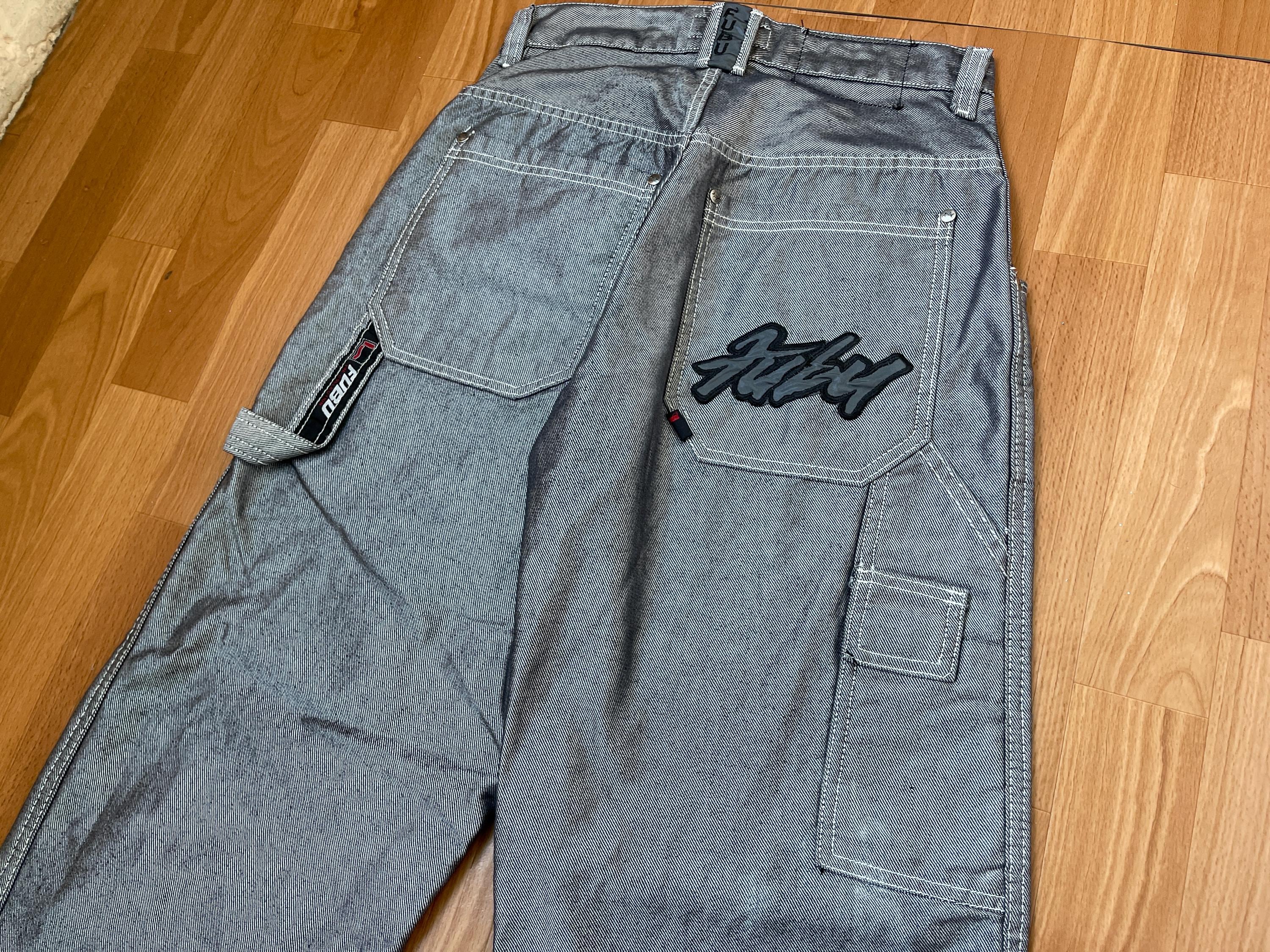 FUBU Jeans, Shiny Gray Vintage Baggy Jeans, Silver Metallic, 90s