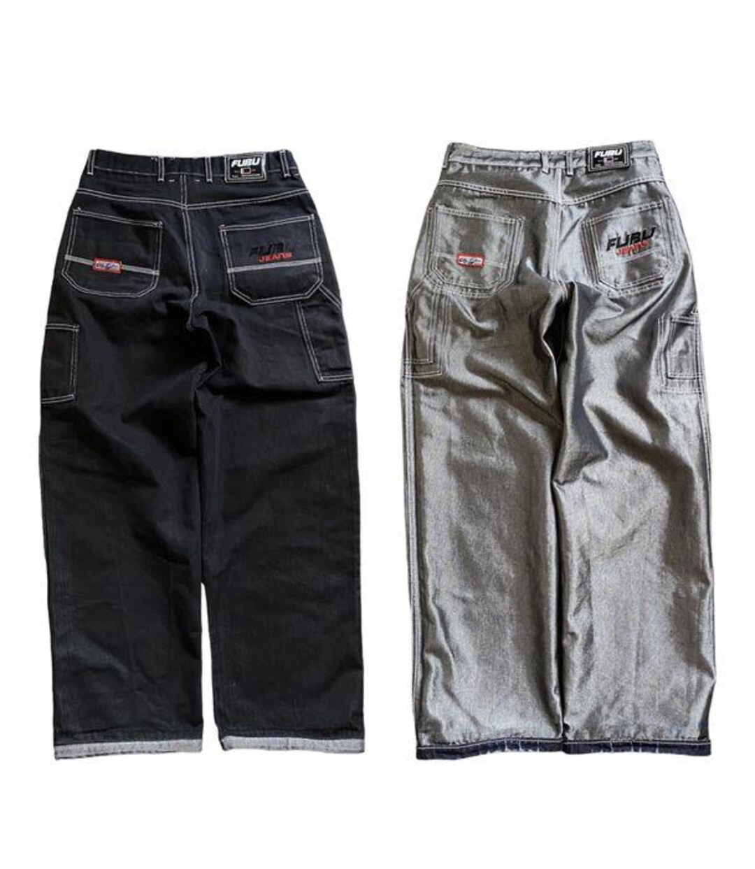 FUBU Jeans, Shiny Gray Vintage Baggy Jeans, Silver Metallic, 90s