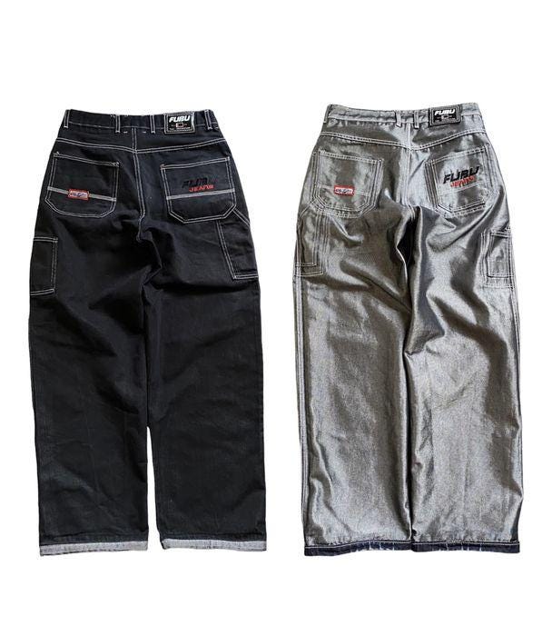 FUBU Jeans, Shiny Gray Vintage Baggy Jeans, Silver Metallic, 90s
