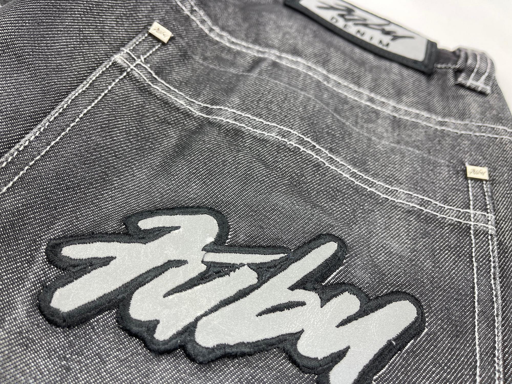 FUBU Jeans, Shiny Black Vintage Baggy Jeans, Silver Metallic, 90s