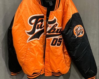 Giacca FUBU, arancione, vintage, college, varsity, bomber, abbigliamento hip hop anni '90, hip-hop anni '90, rap, old school, streetwear, taglia uomo XXL 2XL
