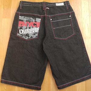 Enyce jeans shorts, vintage black baggy denim shorts, 90s hip-hop clothing, 1990s hip hop shirt, NYC, OG, gangsta rap, streetwear, size W 34