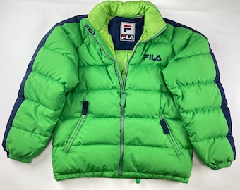 FILA jacket, green down vintage puffer jacket, 90s hip hop clothing, 1990s hip-hop, parka, rap, puff, old school, streetwear, size S Small